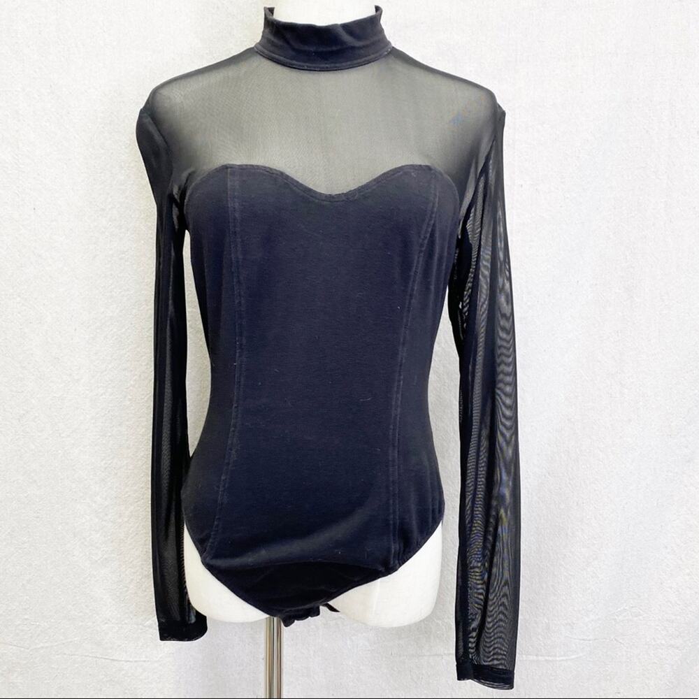 Vintage 90's Spiegel Black mesh &‎ solid long sleeve mock neck bodysuit Medium